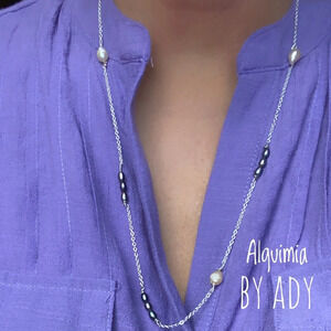 Long sterling silver stamped real freshwater pearls delicate necklace